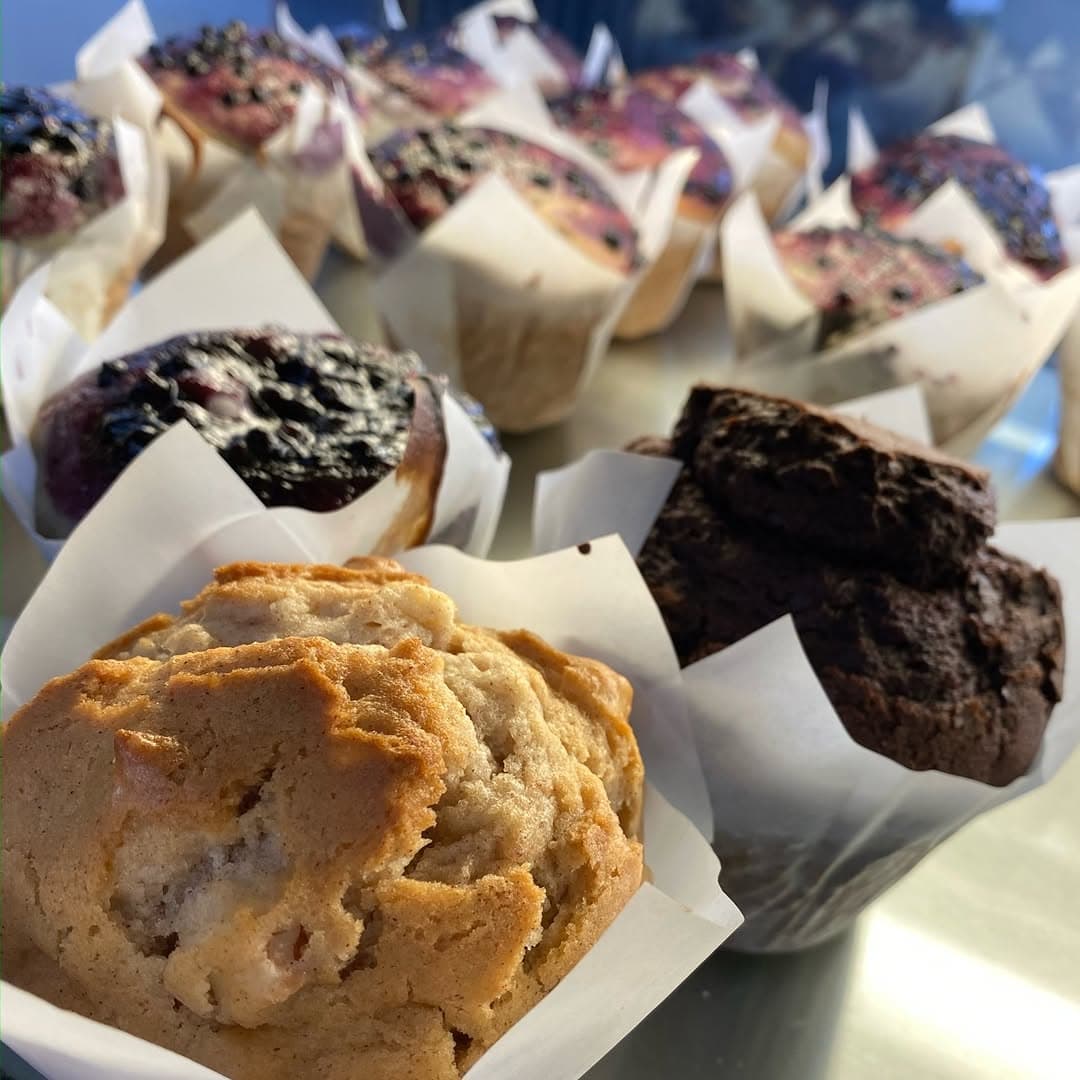 Muffins in the Bak'D cabinet — blueberry, chocolate and plain